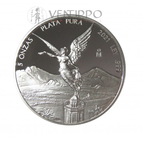 México, 5 Onzas plata ( 155,55 gas. ley 999 mls .), Libertad 2021 Proof.