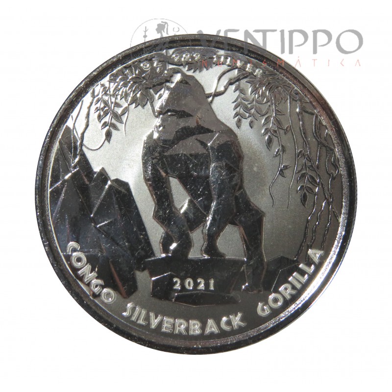 Congo, 500 Francs Plata ( 1 OZ. 999 mls ) 2021, Gorila Espalda Plateada, Prooflike.