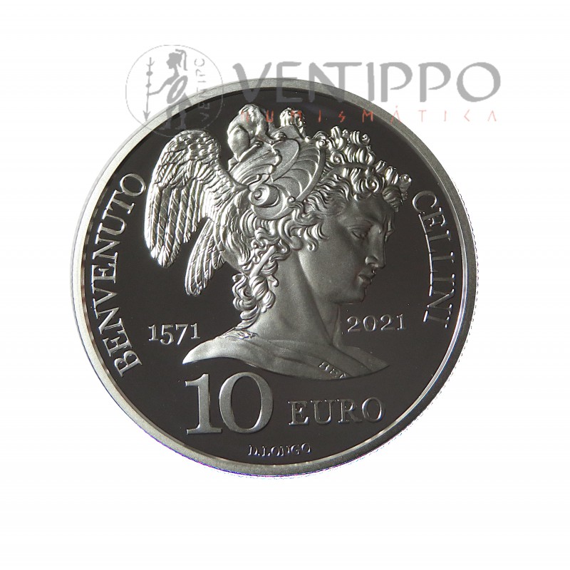 San Marino, 10€ Plata 2021, 450 Aniversario muerte Cellini, Proof.