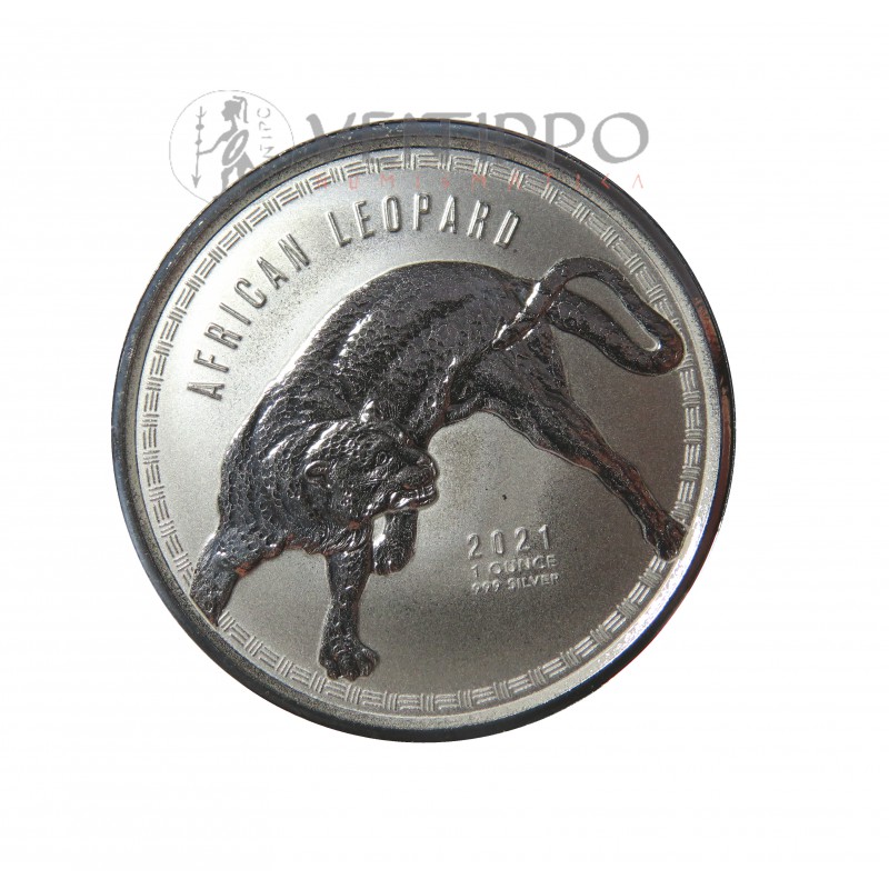 Ghana, 5 Cedis Plata ( 1 OZ. 999 mls. ) Leopardo 2021 Prooflike.