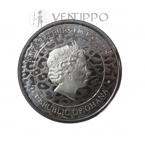 Ghana, 5 Cedis Plata ( 1 OZ. 999 mls. ) Leopardo 2021 Prooflike.