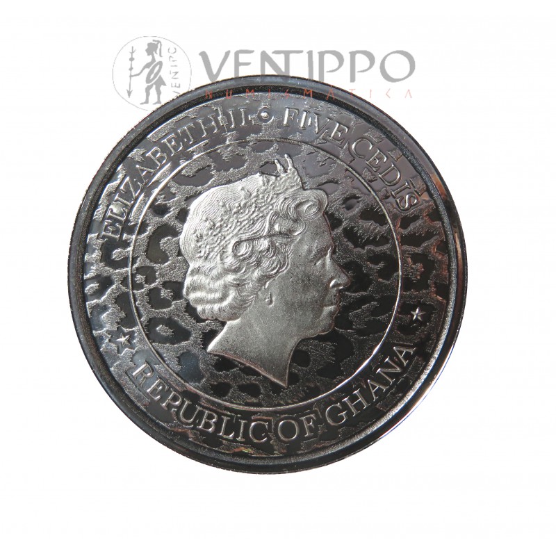 Ghana, 5 Cedis Plata ( 1 OZ. 999 mls. ) Leopardo 2021 Prooflike.