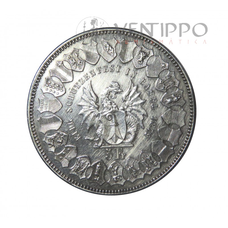 Suiza, 5 Francs plata , Festival Tiro Basilea, 1879, EBC-