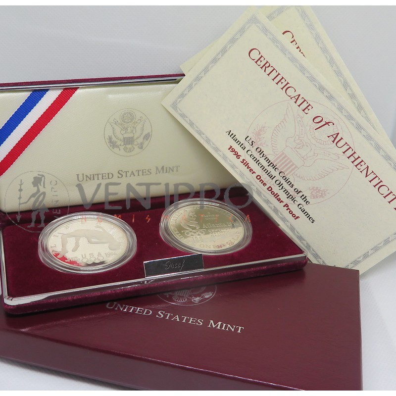 Estados Unidos, Estuche + Certificados 2x1 Dollar Plata 1996 Proof, JJ.OO. Atlanta 96.