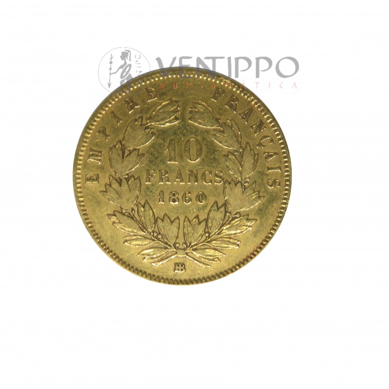 Francia, 10 Francs Oro ( 3,20 grs. ley 900 mls. ) Napoleón III, 1860 BB.