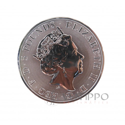 Gran Bretaña, 5 Pounds plata ( 2 OZ ley 999 mls. ) Serie Bestias Tudor, 2022, León de Inglaterra, BU.