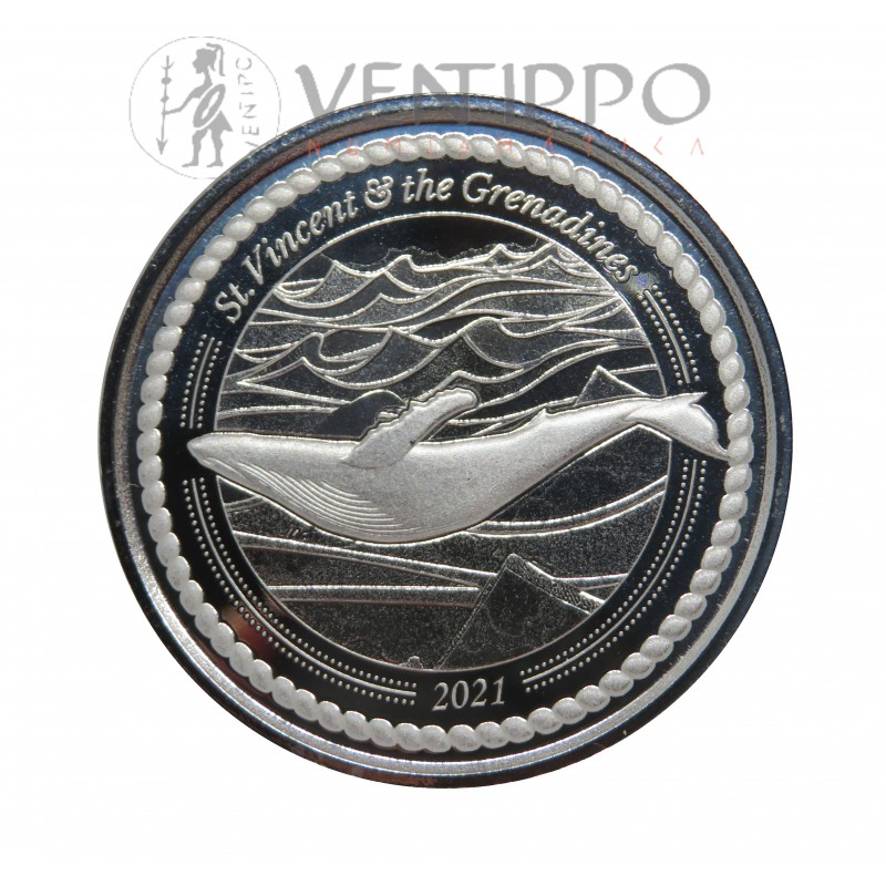 ST. Vincent & The  Grenadines, 2 $ Plata ( 1 OZ. 999 mls. ) EC8 IV, Ballena 2021, Prooflike.