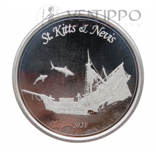 St. Kitts & Nevis, 2 $ Plata ( 1 OZ 999 MLS) EC8 IV, Barco hundido, 2021 BU
