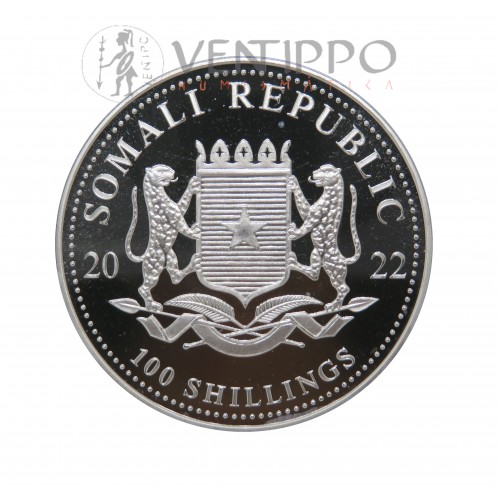 Somalia, 100 Shillings Plata (1 Oz. ley 999 mls) Leopardo 2022, BU
