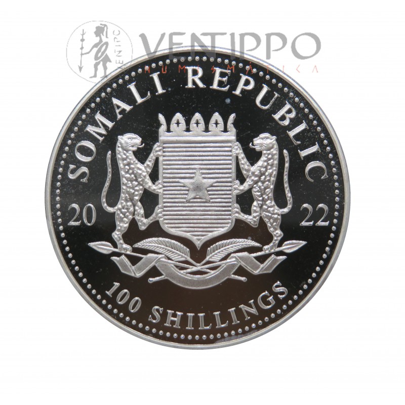 Somalia, 100 Shillings Plata (1 Oz. ley 999 mls) Leopardo 2022, BU