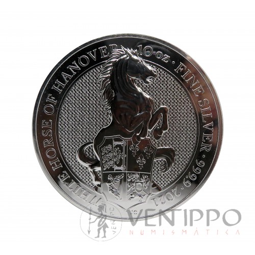 Gran Bretaña, 10 Pounds Plata ( 10 OZ. ley 9999 mls ) Serie Bestias, Caballo Blanco de Hannover, BU