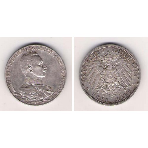 Alemania, Prusia, 3 Marks Plata, 1913, Wilhem II, A. EBC-