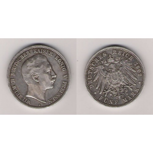 Alemania, Prusia, 5 Marks plata, Guillermo II,1902, MBC.