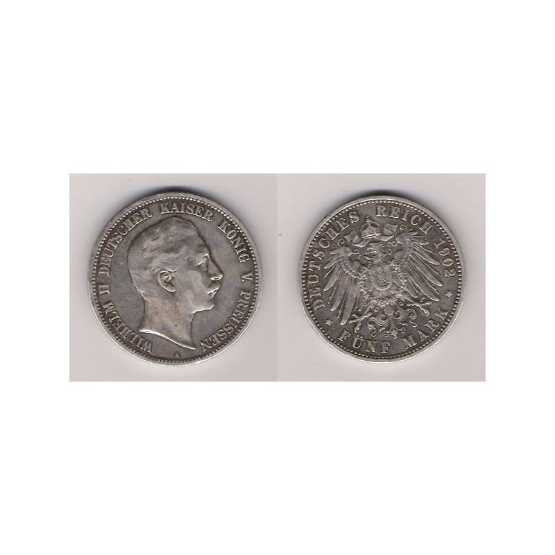 Alemania, Prusia, 5 Marks plata, Guillermo II,1902, MBC.