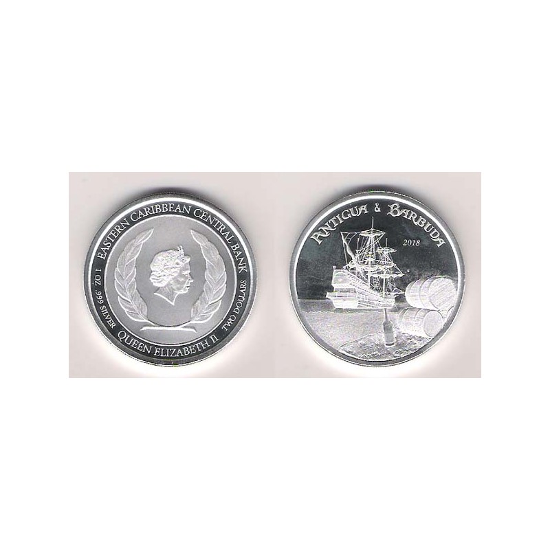 Antigua y Barbuda, 2 $ Plata ( 1 OZ. 999 mls. ) 2018, Carrera del ron de los buques piratas, PROOFLIKE