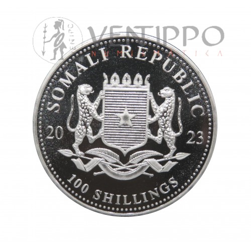 Somalia, 100 Shillings Plata ( 1 OZ 999 mls. ) Elefantes 2023, BU.