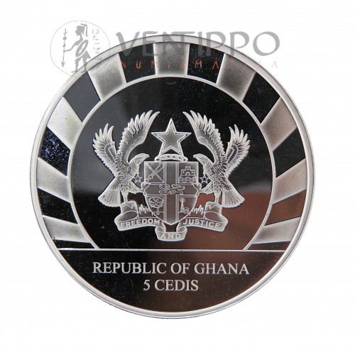 Ghana, 5 Cedis Plata ( 1 OZ  999 mls . ) 2022 León de las cabernas, BU.