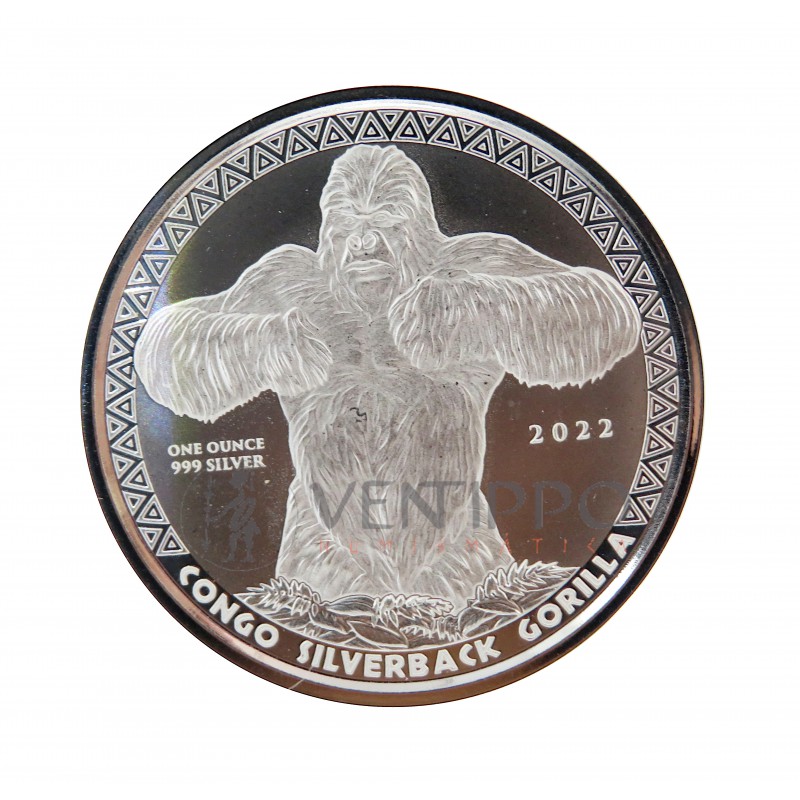 Congo, 500 Francs Plata ( 1 OZ 999 mls. ) 2022, Gorila Espalda Plateada, BU.