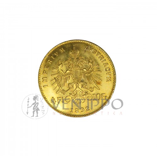 Austria, 4 Florines / 10 Franken oro ( 3,23 grs. ley 900 mls. ) 1892 Reacuñación Oficial, S/C