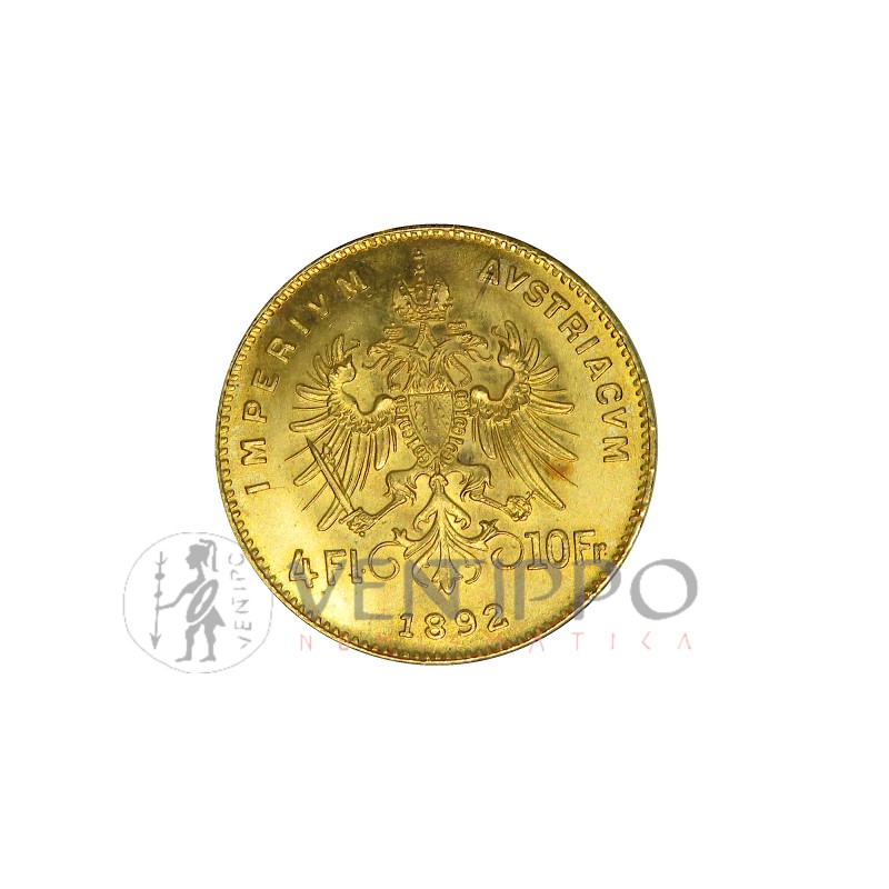 Austria, 4 Florines / 10 Franken oro ( 3,23 grs. ley 900 mls. ) 1892 Reacuñación Oficial, S/C