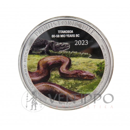 Congo, 20 Francs Plata ( 1 OZ 999 mls. ) 2023, Titanoboa, Coloreada BU