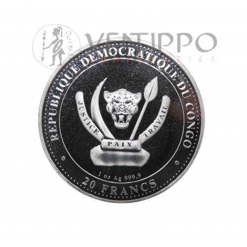 Congo, 20 Francs Plata ( 1 OZ 999 mls. ) 2023, Titanoboa, Coloreada BU