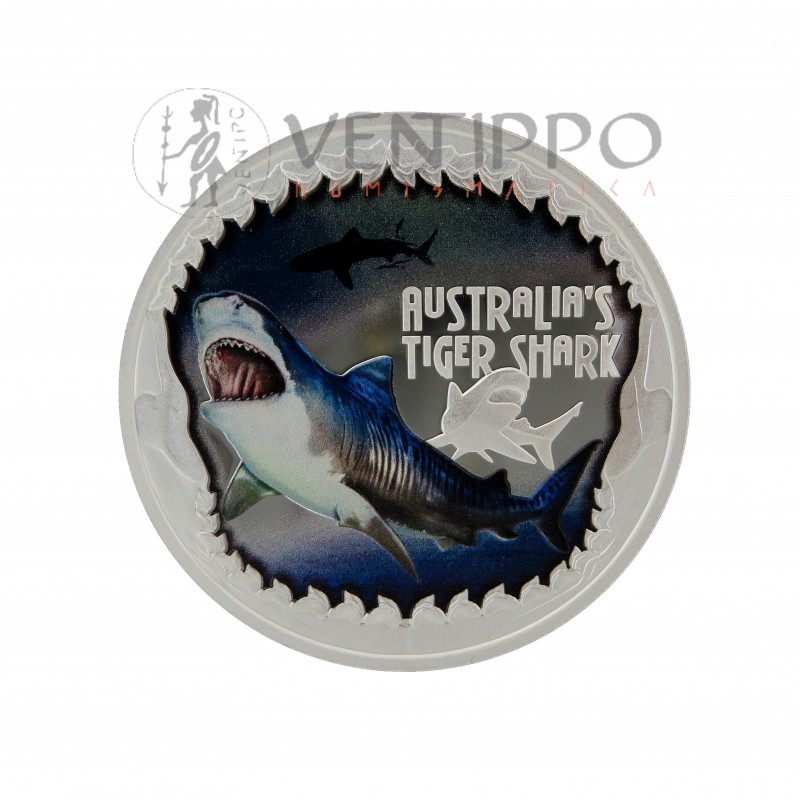 Tuvalu, 1 $ Plata ( 1 oz. ley 9999 mls) 2023 Tiburón Tigre Proof