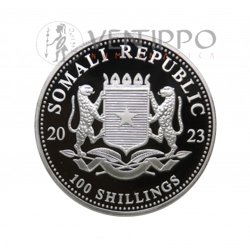 Somalia, 100 Shillings Plata ( 1 OZ 999 mls ) Leopardo 2023, BU.