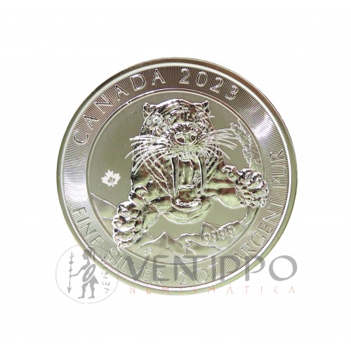 Canadá, 10 $  Plata ( 2 OZ ley 9999 mls. ) Smilodon 2023, S/C