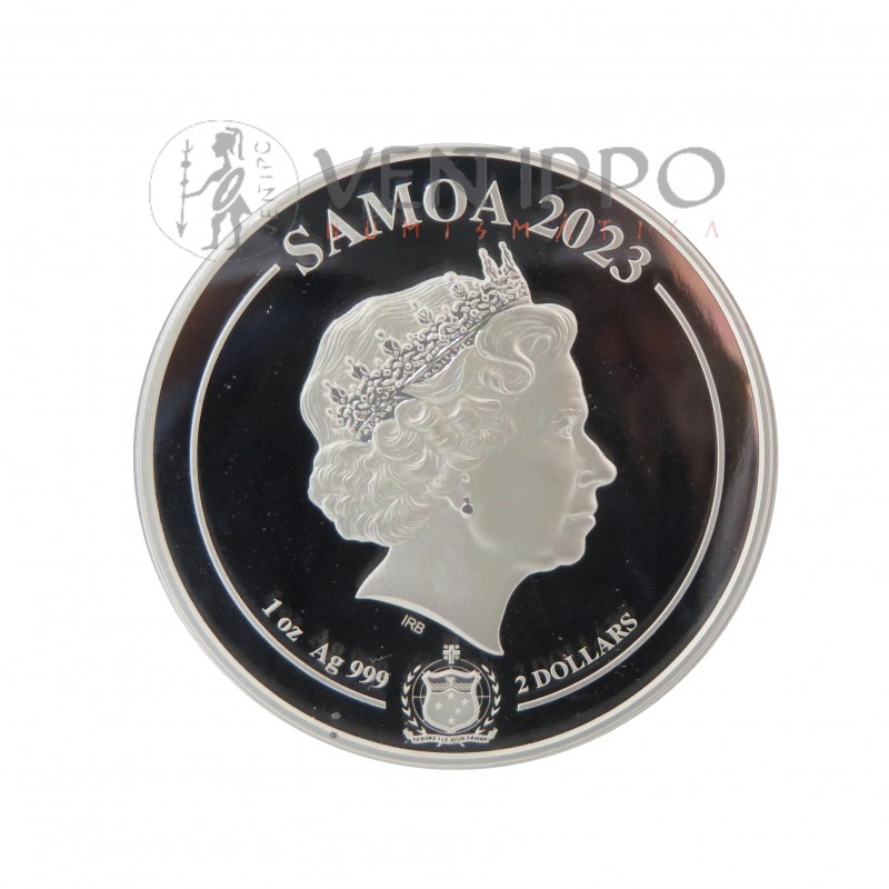 Samoa, 2  $ Plata ( 1 OZ ley 999 mls. ) Zorro de Nueve Colas, BU, 2023.