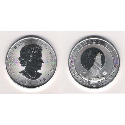 CANADÁ, 2 $ PLATA ( 3/4 OZ. 9999 mls. ) LOBO GRIS 2017, S/C