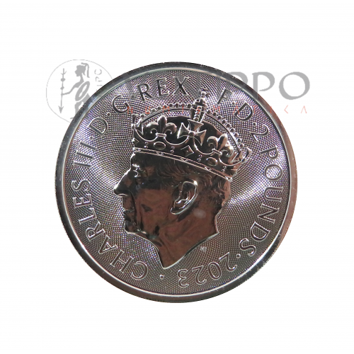 Gran Bretaña, 2 Pound plata ( 1 OZ  999 mls ) Britannia 2023, especial coronación Charles III