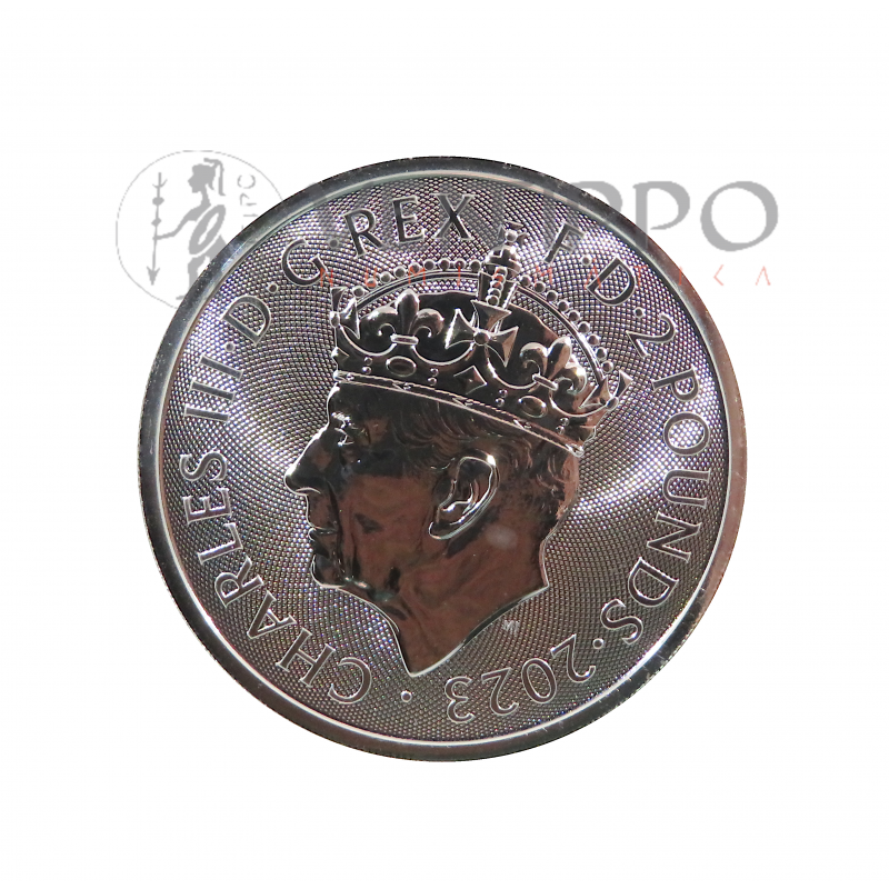 Gran Bretaña, 2 Pound plata ( 1 OZ  999 mls ) Britannia 2023, especial coronación Charles III