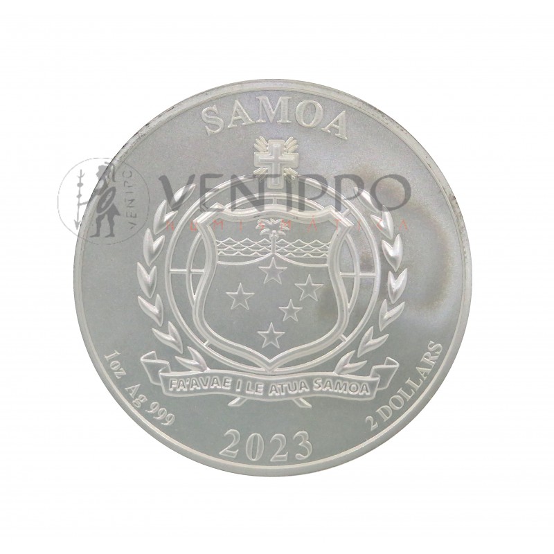 Samoa, 2 $ Plata ( 1 OZ ley 999 mls. ) Serie Cuatro Guardianes, Vermilion, BU mate 2023.