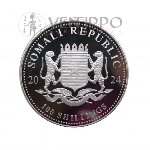 Somalia, 100 Shillings Plata ( 1 OZ ley 999 mls. ) Elefantes 2024 BU