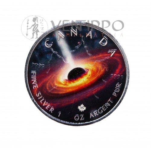 Canadá, 5 $ Plata ( 1 OZ 9999 mls ) Hoja de Arce / Agujero Negro 2023 coloreada.