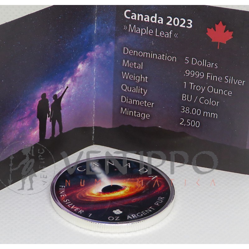 Canadá, 5 $ Plata ( 1 OZ 9999 mls ) Hoja de Arce / Agujero Negro 2023 coloreada.