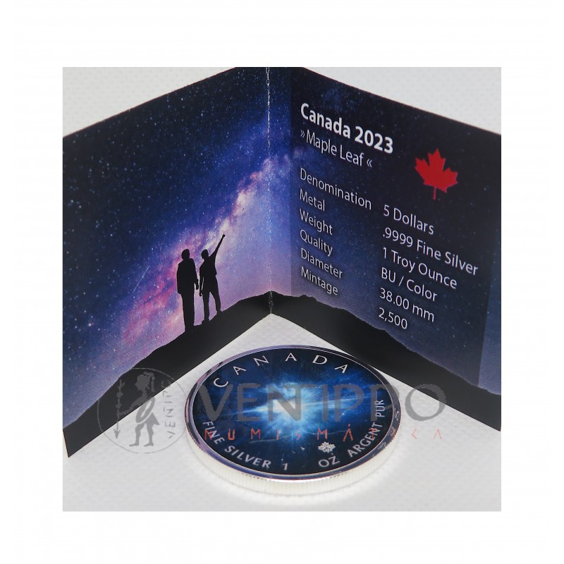 Canadá, 5 $ Plata ( 1 OZ  9999 mls ) Hoja de Arce / Big Bang, 2023 coloreada.