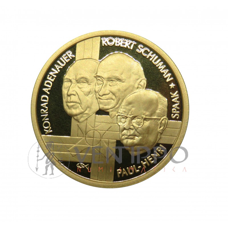 Bélgica, 100 Euros oro ( 15,55 grs. ley 999 mls ),2002, Padres Fundadores de Europa, Proof.