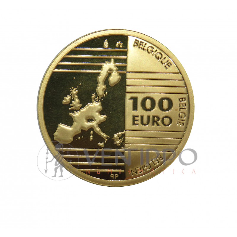 Bélgica, 100 Euros oro ( 15,55 grs. ley 999 mls ),2002, Padres Fundadores de Europa, Proof.