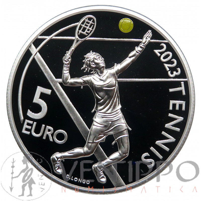 San Marino, 5 € plata 2023, 30 Aniv. Open Internacional de Tenis, Poof.