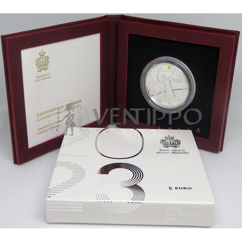 San Marino, 5 € plata 2023, 30 Aniv. Open Internacional de Tenis, Poof.
