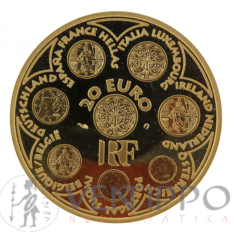 Francia, 20 Euro oro (17 grs., ley 920 mls) 2002 Introducción al euro, Proof