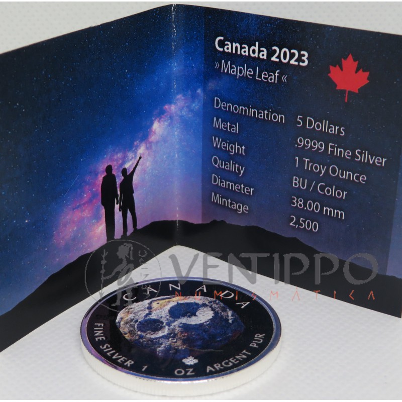 Canadá, 5 $ Plata ( 1 OZ 9999 mls ) Hoja de Are / Asteroide, 2023, coloreada