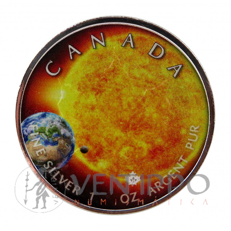 Canadá, 5 $ Plata ( 1 OZ  9999 mls ) Hoja de Arce / el Sol, 2023 coloreada.
