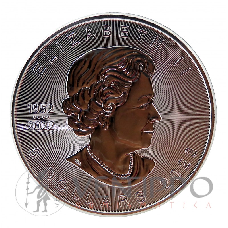 Canadá, 5 $ Plata ( 1 OZ  9999 mls ) Hoja de Arce / el Sol, 2023 coloreada.