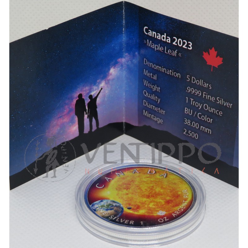 Canadá, 5 $ Plata ( 1 OZ  9999 mls ) Hoja de Arce / el Sol, 2023 coloreada.