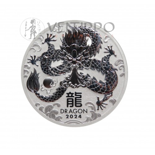 Australia, 2 Dollars Plata ( 62,20 gramos, ley 999 mls. ) Año del Dragón III, 2024, BU.