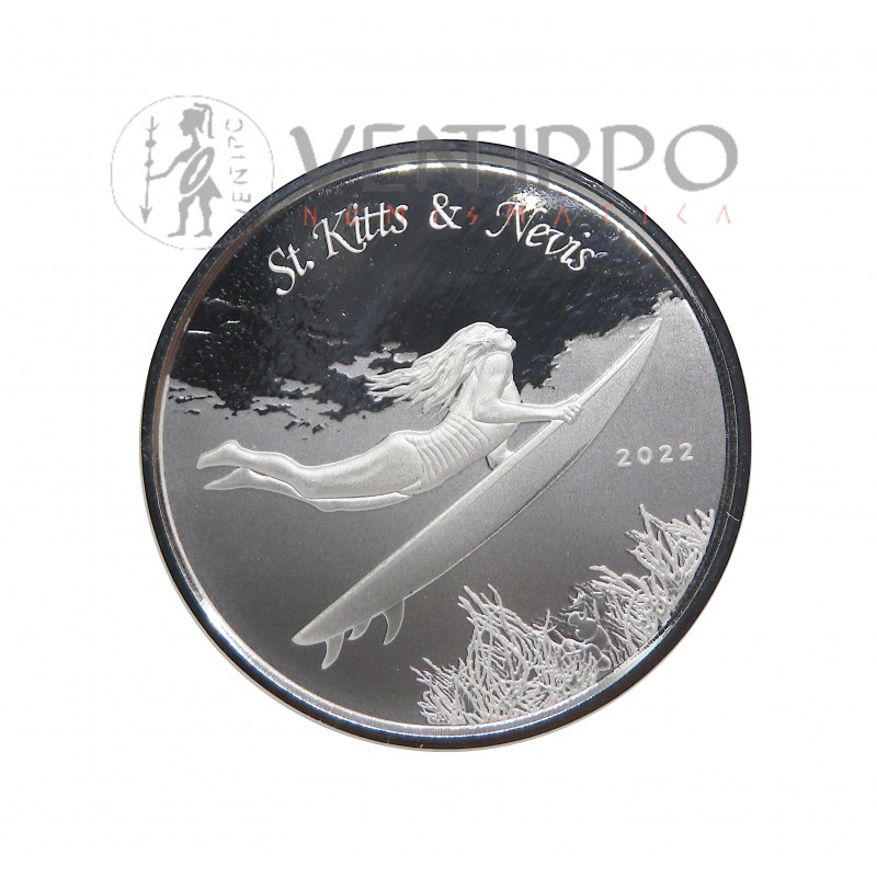 ST. Kitts & Nevis, 2 $ Plata ( 1 OZ 999 mls ) EC8V Surfeadora, Prooflike 2022.