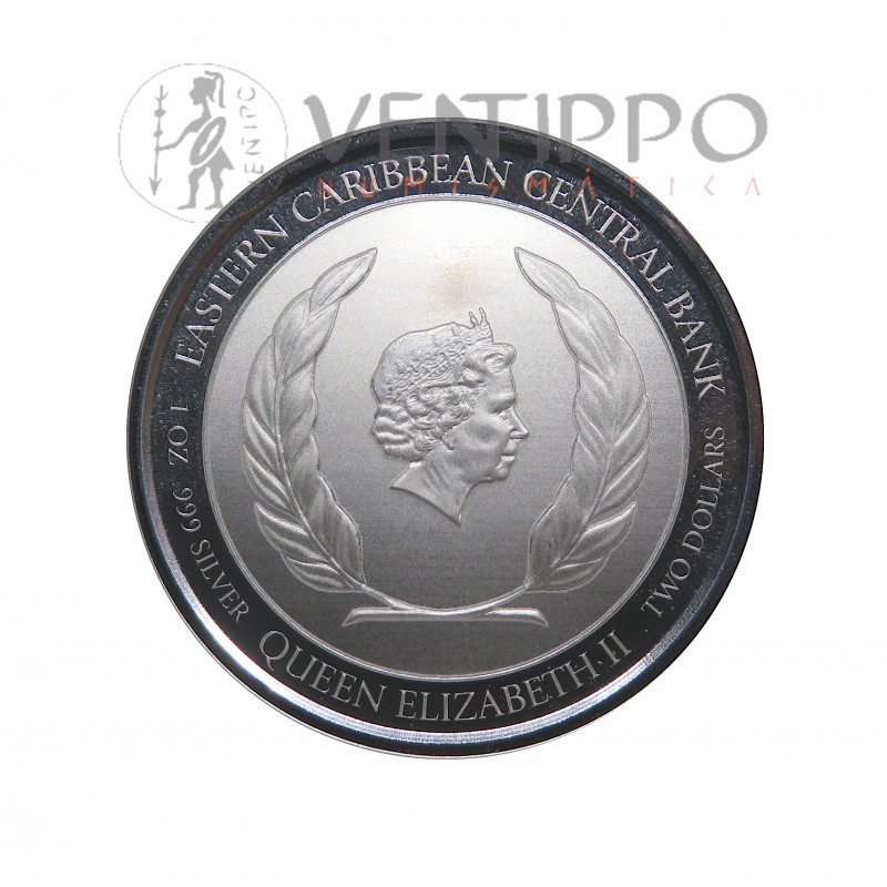 ST. Kitts & Nevis, 2 $ Plata ( 1 OZ 999 mls ) EC8V Surfeadora, Prooflike 2022.